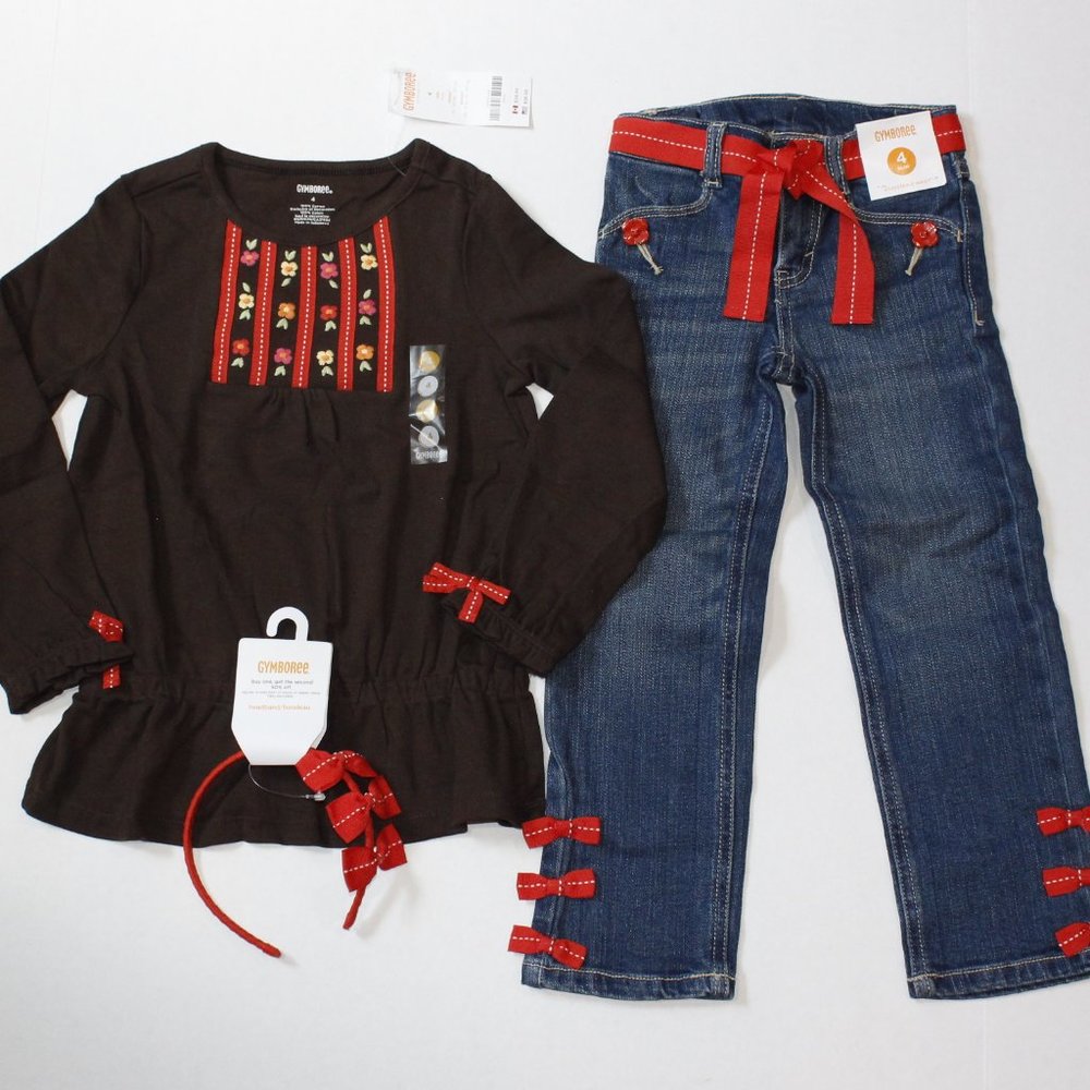 NWT Gymboree 4 SLIM top jeans headband set Woodland Friends